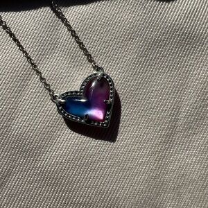 Kendra Scott Ari Silver Necklace with Blue, purple, pinky ombré heart.